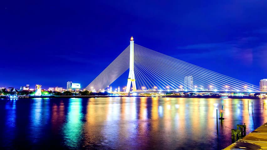 Night View of Illuminated Rama VIII Bridge in Bangkok, Thailand