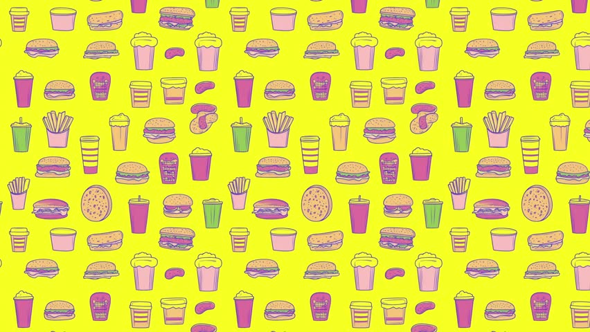 Colorful fast food graphics in vintage style. Burgers, soda cups, fries and condiments on seamless backdrop. Hand-drawn look with retro textures. Horizontal motion.