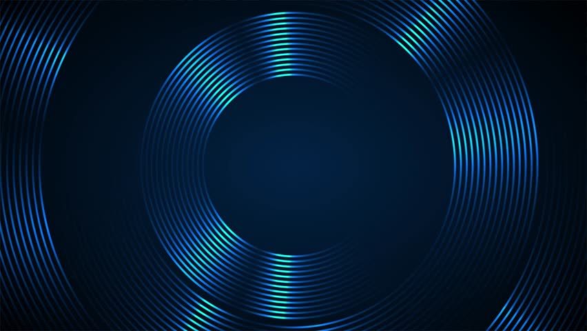 Abstract animated background with shiny blue circle lines spinning in dark space. Dynamic and smooth rotating ring stripes for ads, creative digital design, motion graphic element, or presentation
