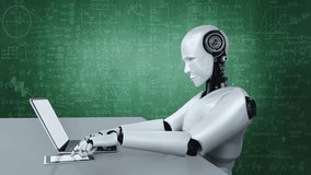 Robot hominoid use laptop and sit at table for engineering science studying using AI thinking brain , artificial intelligence and machine learning process for 4th industrial revolution . 3D rendering - Powered by Shutterstock - Get 15% off with code: PIKWIZARD15