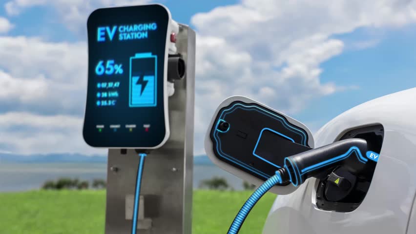 Eco-friendly electric car using clean energy recharge battery from futuristic smart EV charging station in scenic natural background. Alternative energy sustainability and EV utilization. PeruseE