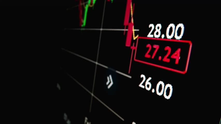 Closeup macro shot movement of stock graph displayed on LED screen showing growth chart as economic boom or bull market point concept. Positive stock market exchange suitable for financial investment. - Powered by Shutterstock - Get 15% off with code: PIKWIZARD15
