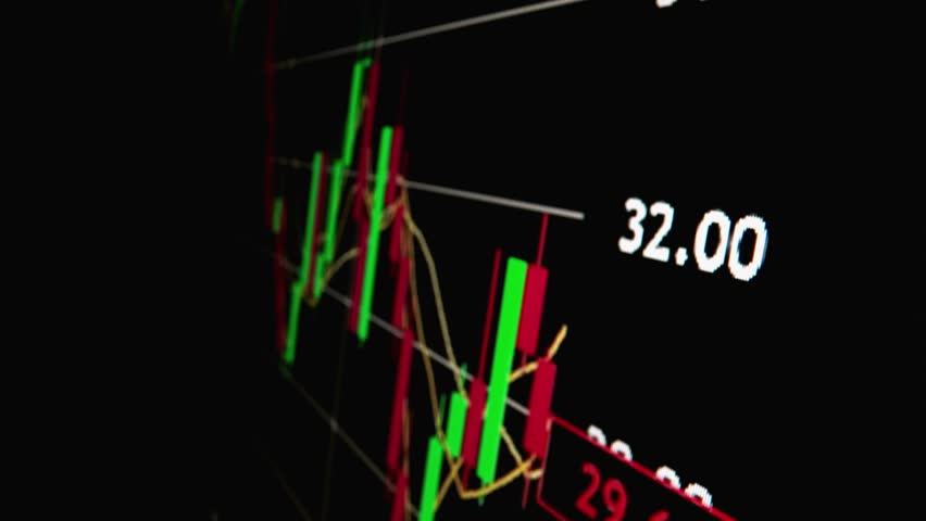 Closeup macro shot movement of stock graph displayed on LED screen showing growth chart as economic boom or bull market point concept. Positive stock market exchange suitable for financial investment.
