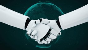 3D rendering hominoid robot handshake to collaborate future technology development by AI thinking brain, artificial intelligence and machine learning process for 4th industrial revolution. - Powered by Shutterstock - Get 15% off with code: PIKWIZARD15