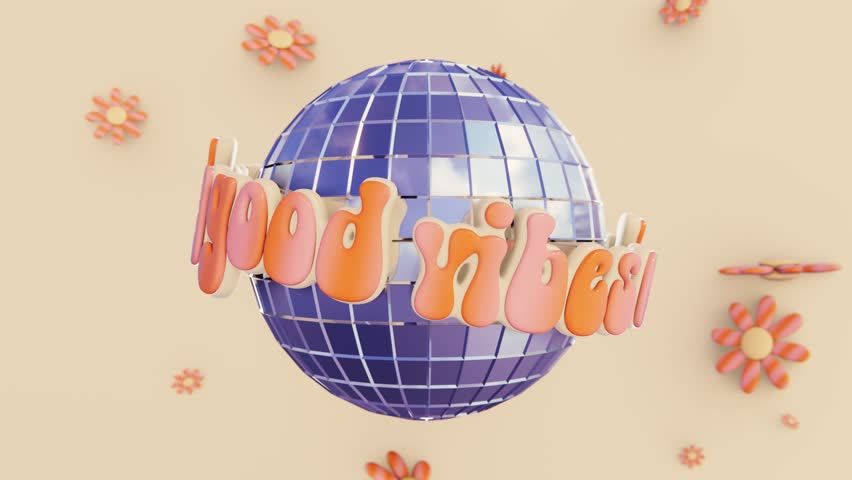 Summer 3D horizontal backgrounds falling flower sparse daisy hippie disco ball infographic good vibes trendy retro vintage vibe cool groovy doodle cartoon loop animation poster club rave relax sun