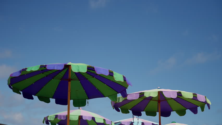 Colorful Beach Umbrellas in Striking Purple and Green Patterns Against a Clear Blue Sky, Creating a Relaxing and Vibrant Atmosphere for Enjoying Sun and Shade
