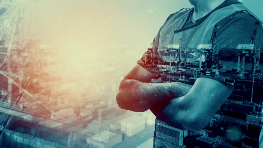 Future building construction and inventive engineering project concept with HUD hologram graphic design. Building engineer, architect people or construction worker works with modern civil technology.