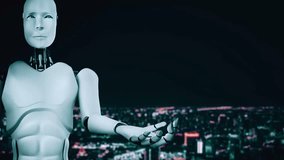 AI hominoid robot holding hologram screen shows concept of global communication network using artificial intelligence thinking by machine learning process. 3D rendering computer graphic. - Powered by Shutterstock - Get 15% off with code: PIKWIZARD15