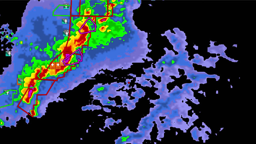 Kansas Severe thunderstorms with tornado warning on doppler weather radar screen during massive deadly outbreak.