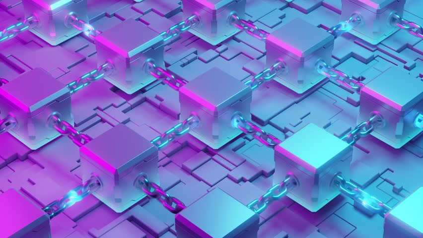 3D blockchain cubes linked with chains, camera rotating around central node in a futuristic digital network