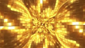 Animated loop of gold disco balls reflecting light in 3D tunnel effect. Designed for event graphics, VJ loops, and celebration screens - Powered by Shutterstock - Get 15% off with code: PIKWIZARD15