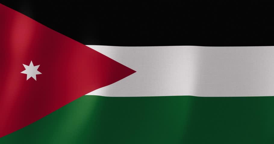 A symbolic waving animation of the national flag of Jordan The black, white, and green horizontal stripes, combined with a red triangle and a distinct white seven-pointed star.