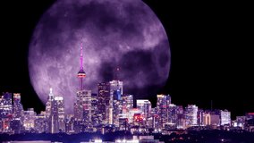 Full Moon over Toronto downtown, artistic collage time lapse. Special effects of night time illuminated buildings, spotlights shining moon. Nightlife cityscape skyline, business area and party. - Powered by Shutterstock - Get 15% off with code: PIKWIZARD15
