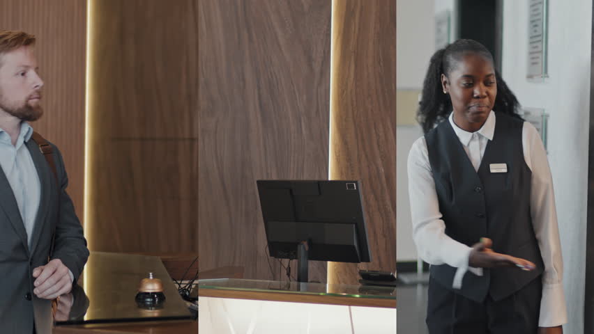 Split screen shot of male tourists and business people checking in at front desk in hotel and entering elevator, female worker helping guests