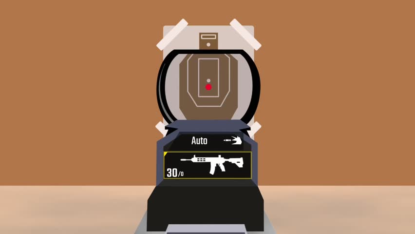 A sight reticle aims directly at a single brown target against a tan wall, simulating a focused shooting practice environment