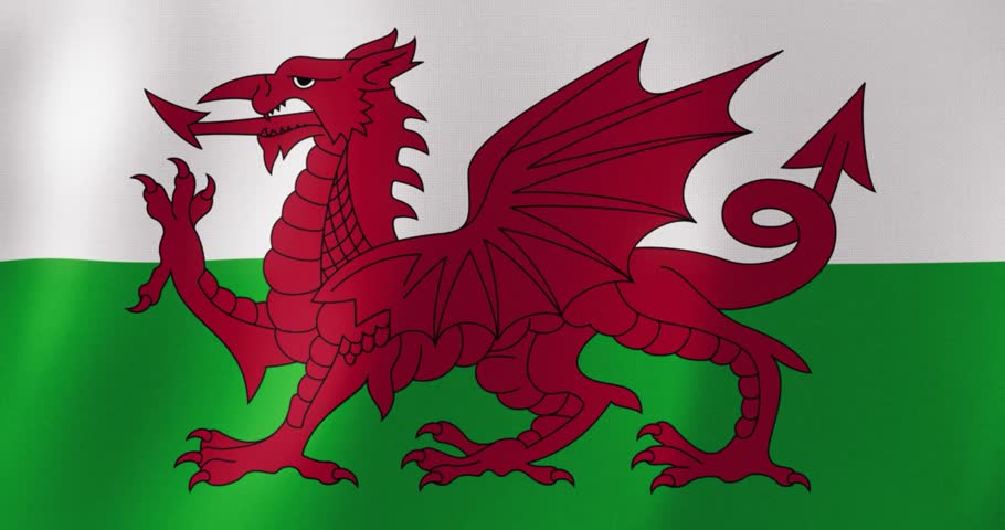 A spirited waving animation of the national flag of Wales The legendary red dragon (Y Ddraig Goch) proudly displayed on a vibrant green and white horizontal field.