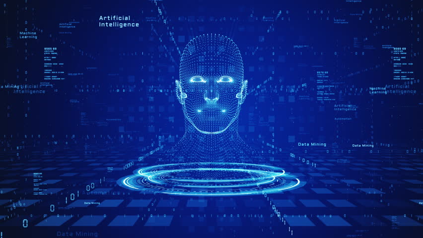 Futuristic AI human face composed of data points and binary code, symbolizing machine learning, automation, and artificial intelligence technology. Technology background