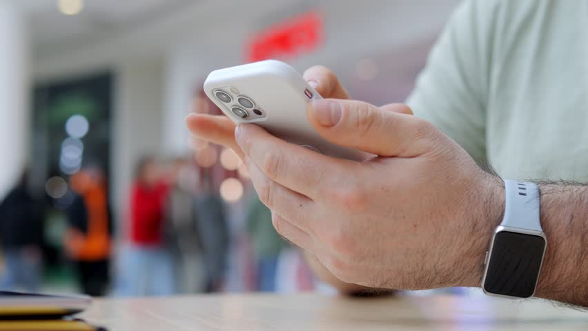 Man is holding a cell phone and wearing a smart watch. He is looking at the phone and he is focused on something. The scene takes place in a public area, with several other people around him