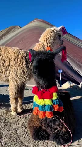 Decorated Alpacas at Rainbow Mountain in Peru