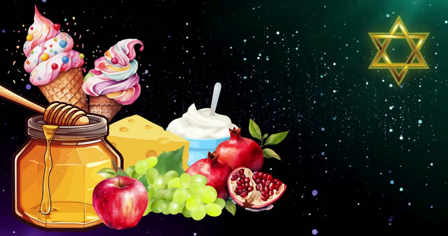 Shavuot (Shvues) | Three Pilgrimage Festivals (Festival of Weeks) - Star of David, Honey, Apple, Grape, Wheat, Pomegranates, Ice Creams and Yogurt. Flickering Blue-Green Background • sstkHighHolidays