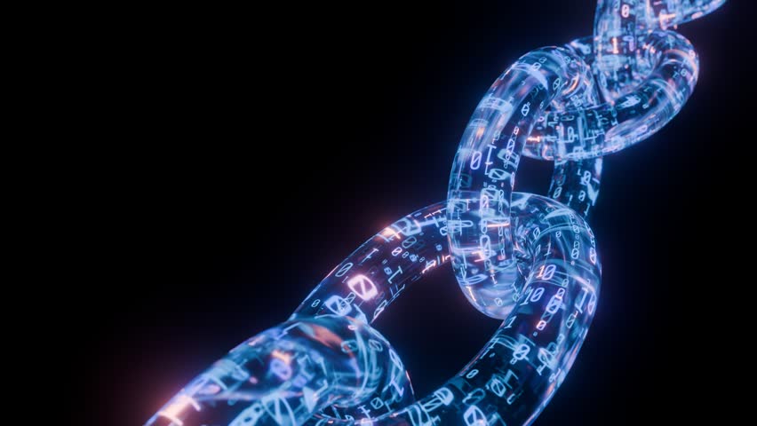 Glowing Digital Blockchain Chain Made of Binary Code Links Representing Cybersecurity, Data Integrity, and Decentralized Technology in a Futuristic Space. Seamless loop background animation