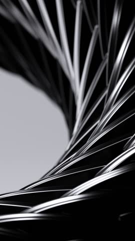 Описание:
Abstract 3D rendering of a twisted metallic structure forming a vortex or tunnel shape. Dynamic composition with sharp geometry, high contrast lighting, and a minimal monochrome palette. Per