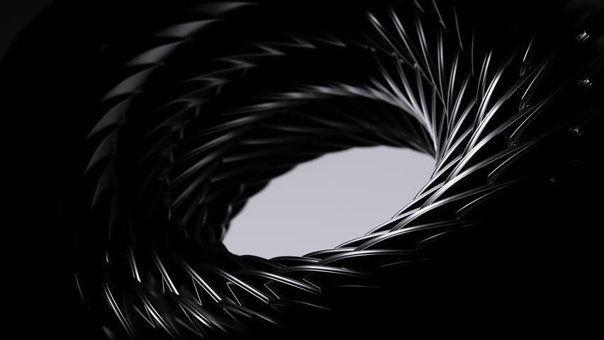 Описание:
Abstract 3D rendering of a twisted metallic structure forming a vortex or tunnel shape. Dynamic composition with sharp geometry, high contrast lighting, and a minimal monochrome palette. Per