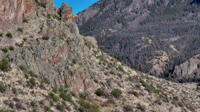 A beautiful and cinematic, 70mm zoomed-in aerial shot of a bighorn sheep, trekking up the side of a steep incline in the Rock Mountains, near the infamous town of Creede, Colorado.
