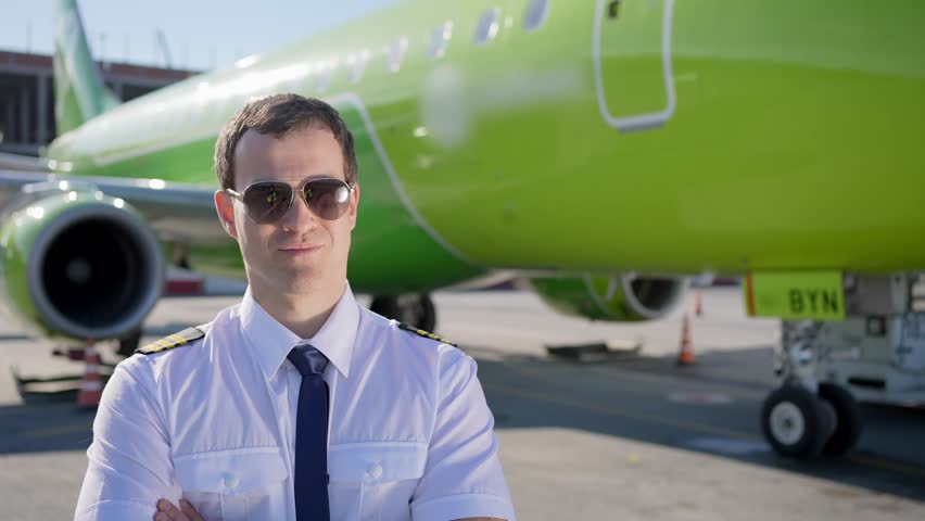 Airport pilot man airplane runway personnel. Airport worker man male wearing airplane pilot uniform standing near parked airplane, jet plane, aircraft. Young aviation man. Air Transportation Officer. 