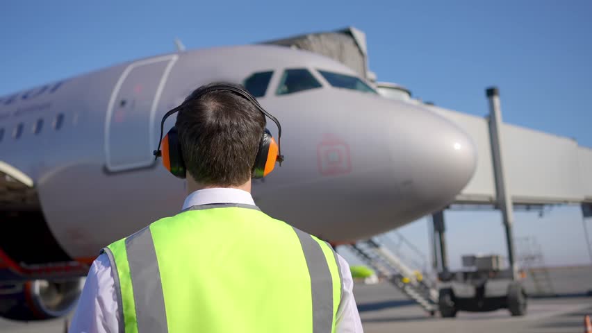 Airport safety personnel. Airport worker man dressed in uniform with walkie talkie standing near parked airplane, jet plane, aircraft. Young aviation engineer inspector standing at engine checking. 