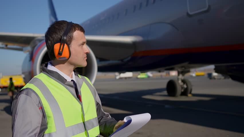 Airport safety employee personnel. Airport worker man pilot  uniform with walkie talkie standing parked airplane, jet plane, aircraft. Aviation engineer inspector engine readiness checking for flight