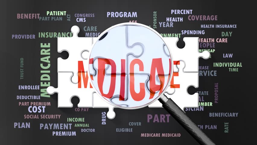 Medicare under magnifying glass, being researched, studied and examined. Most important subjects and ideas closely related to medicare written around a puzzle.Can be looped.
