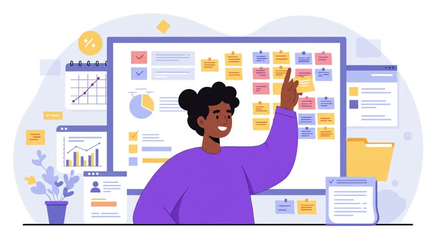 2d animation moving cartoon flat design illustration, person organizing projects, white background