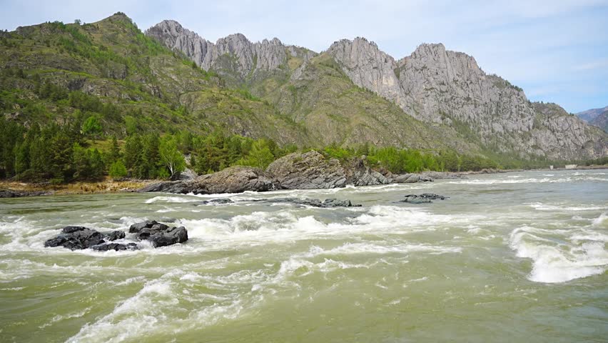 Yelandinsky rapid on the Katun river in Altai Russia. Powerful mountain stream crashing over rocks in famous rafting destination. High quality 4k footage
