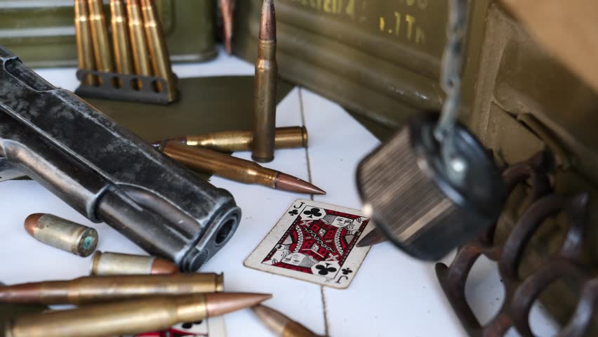 Gun and a deck of cards are laying on a table. The gun is surrounded by bullets and the deck of cards is on top of the bullets