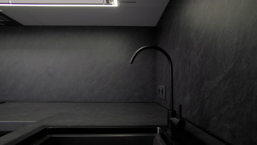 A contemporary kitchen showcases a dark stone countertop, minimalist design elements, and sophisticated faucet. Perfect for those who appreciate modern aesthetics in cooking spaces.