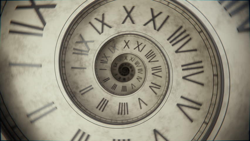 Seamless loop animation of an old spiral clock with grunge texture. Symbolic seamless loop of aging time and nostalgia