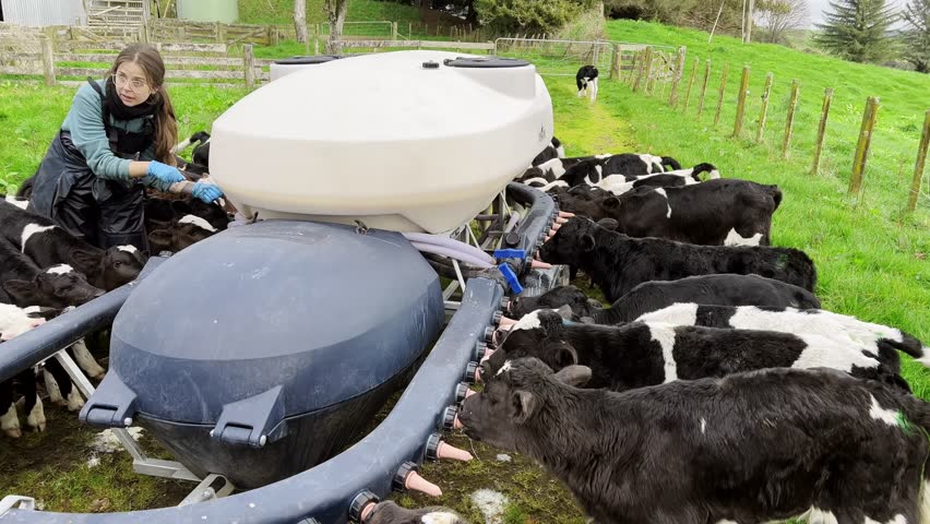 A person is feeding young black and white cattle at a farm in New Zealand using a mobile calf feeder. The nurturing and technological aspects of modern farming.