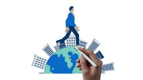 Worldwide global business hand drawn whiteboard animation. Corporate ambition. International indian businessman walking around world animated doodle handdrawn concept pencil drawing 4K video - Powered by Shutterstock - Get 15% off with code: PIKWIZARD15
