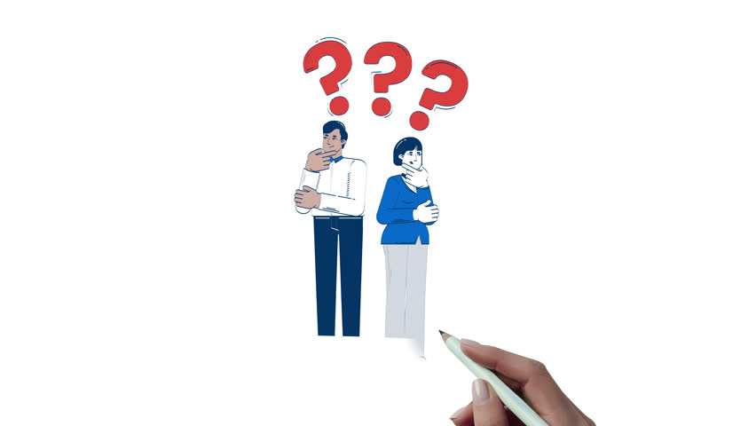 Looking for business solution hand drawn whiteboard animation. Corporate dilemma doubts. Thoughtful businesspeople question marks animated doodle handdrawn concept pencil drawing 4K video