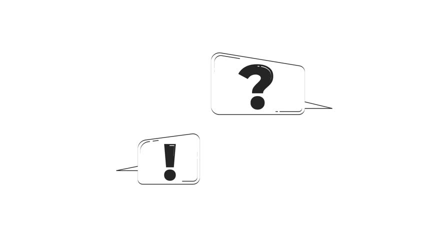 Question and exclamation speech bubbles outline 2D object doodle animation. FAQ popups. Virtual help. Alert and query dialogs animated item isolated on white. Monochrome linear drawing 4K video
