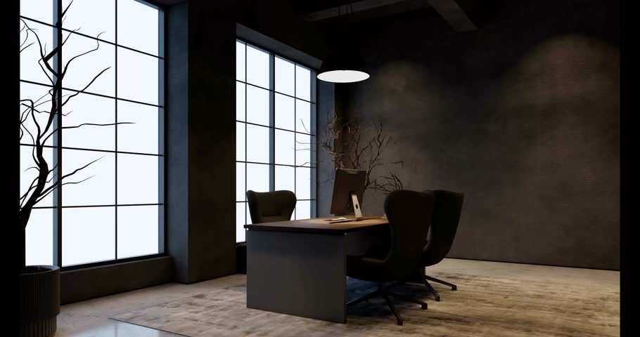 Industrial Office 3D Render Animation with Brick Walls, Metal Desks, 4K Empty Space