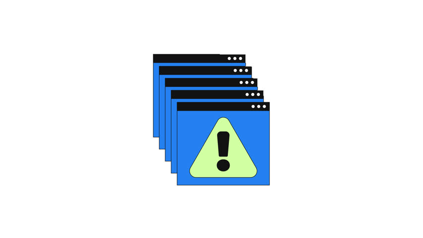 Error messages web multiple popups appearing 2D cartoon object animation. Overlapping browser windows with alert triangle and exclamation mark animated flat colorful item 4K video isolated on white