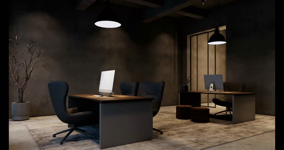 Industrial Office 3D Render Animation with Brick Walls, Metal Desks, 4K Empty Space