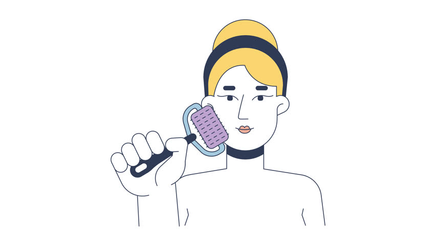 Blonde woman using microneedling roller for skin rejuvenation cartoon animation. Collagen promotion. Caucasian white female animated flat 2D character 4K video isolated on white, alpha channel