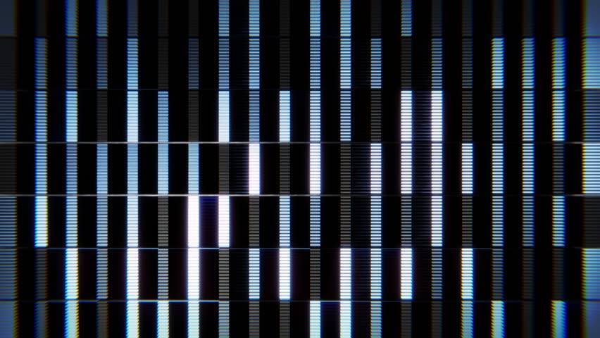 Seamless looping animation of blue and white blocks glitching on a black background