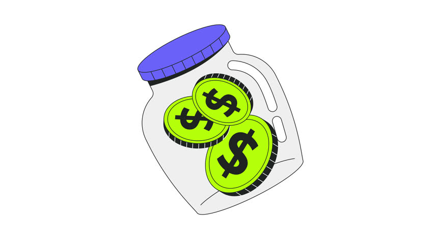 Savings 2D onboarding ui animation. Shaking jar with dollar coins. Investing saving money. Financial fund. Donation. Cash accumulation animated cartoon flat concept metaphor 4K video isolated on white