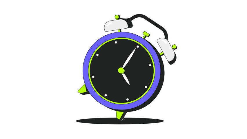 Ringing alarm clock 2D onboarding ui animation. Time management. Urgency, reminder, scheduling. Hurry alarmclock. Morning wake up animated cartoon flat concept metaphor 4K video isolated on white