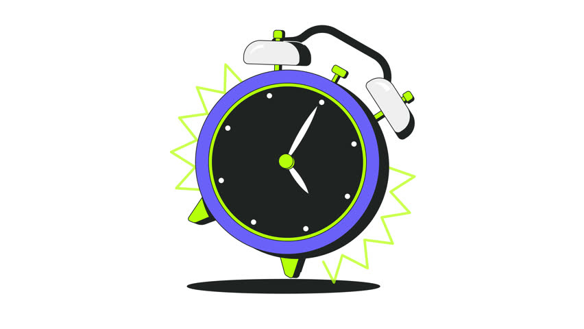 Ringing alarm clock 2D onboarding ui animation. Time management. Urgency, reminder, scheduling. Hurry alarmclock. Morning wake up animated cartoon flat concept metaphor 4K video isolated on white