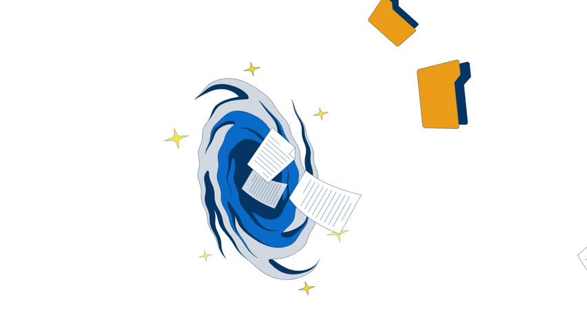 Files loss 2D animation. Data corruption. Accidental deletion. Swirling vortex with flying folders and documents animated composition cartoon flat concept metaphor 4K video isolated on white